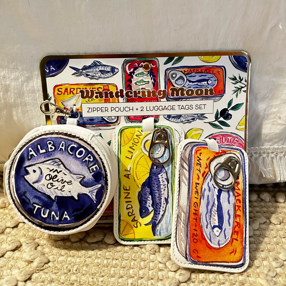 Viral Sardine Design Zipper Pouch and Luggage Tags Set